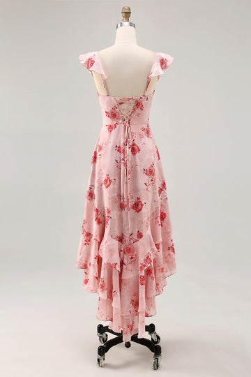 Pink Flower Printed A Line Ruffled Long Bridesmaid Dress